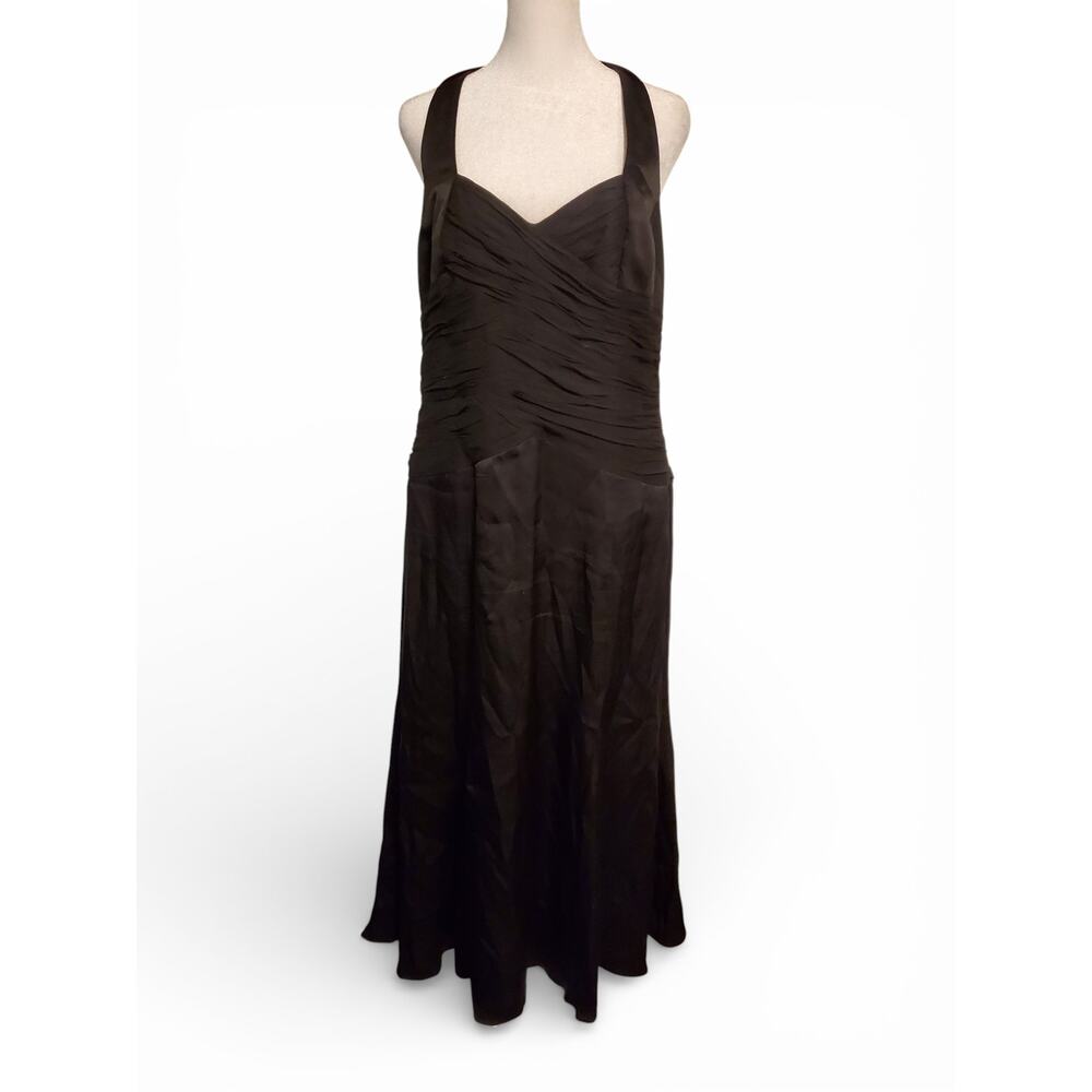 Vintage 90s Y2k Black Halter Neck Midi Dress Women's Size 14 100% Silk Goth